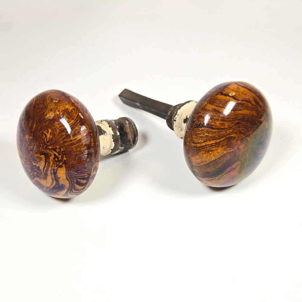 Antique Bennington Rockingham Brown Mottled Ceramic Door Knobs Pair with Spindle